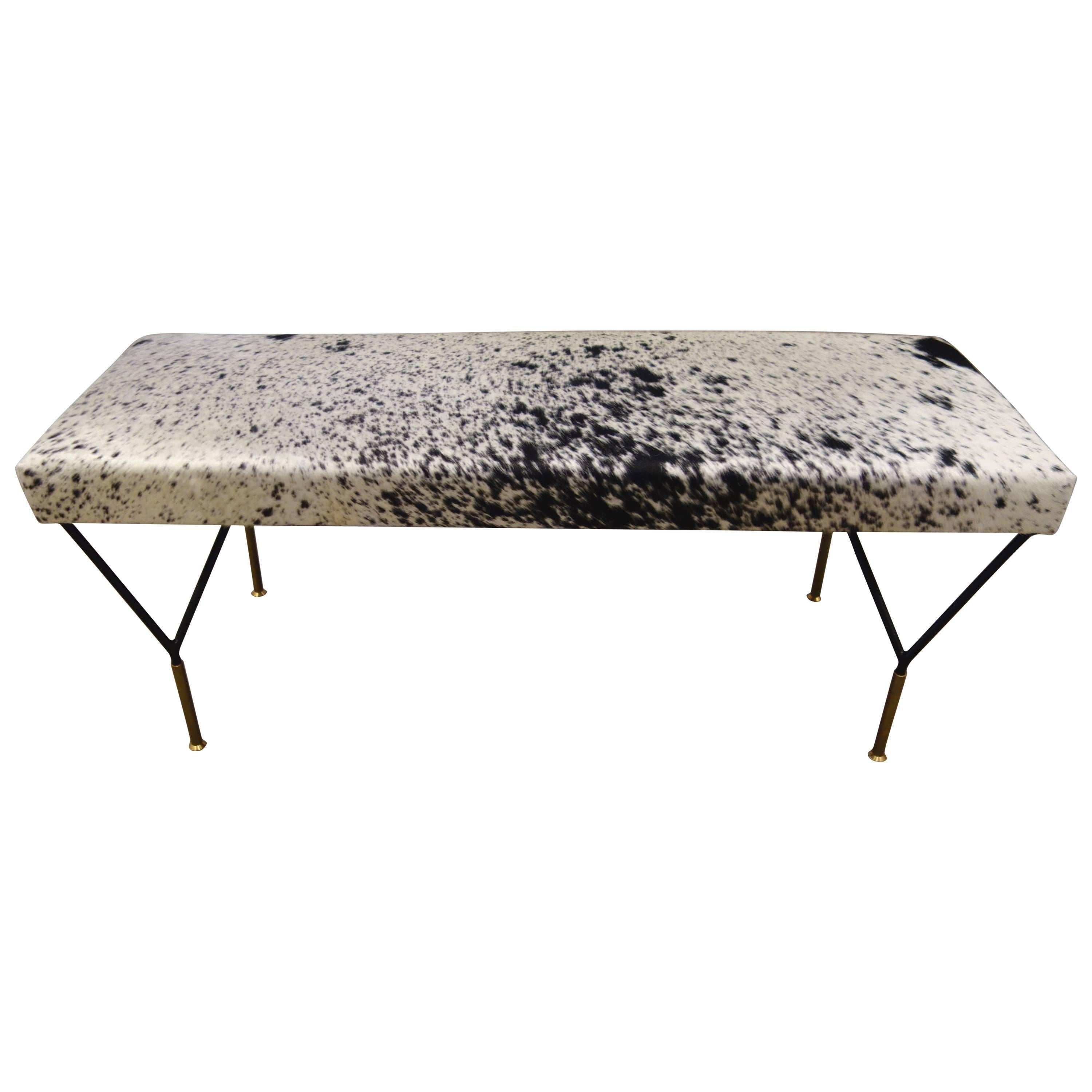 Mid-Century Italian Metal & Brass Bench in Black & White Cowhide, Pair Available