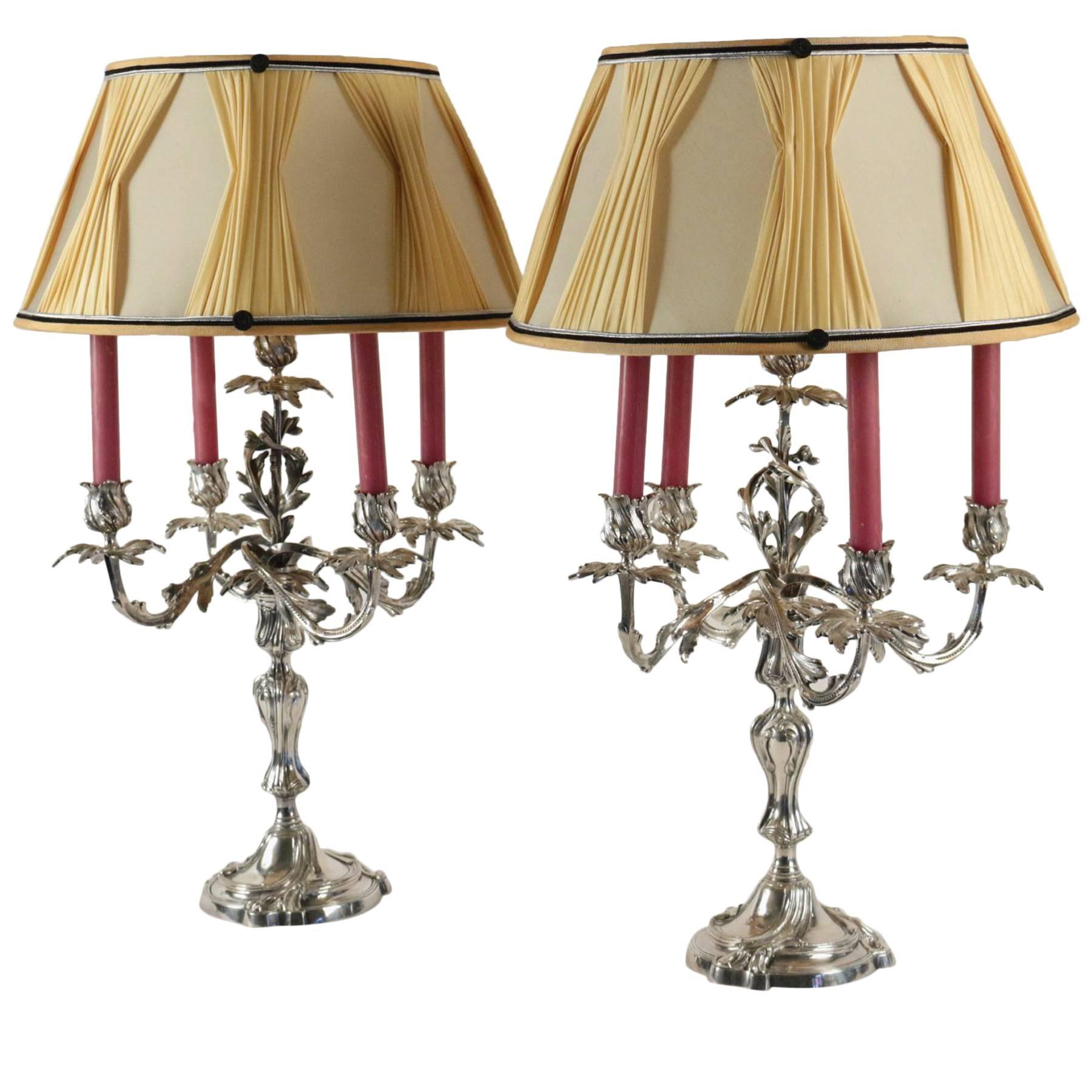 French Louis XV Style Pair of Silver Plate Candelabra Lamps, circa 1860-1880
