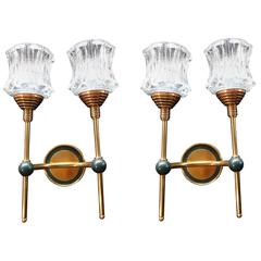 Pair of Art Deco Wall Lights Brass and Green Pair of Art Deco Wall Lights Brass and Green