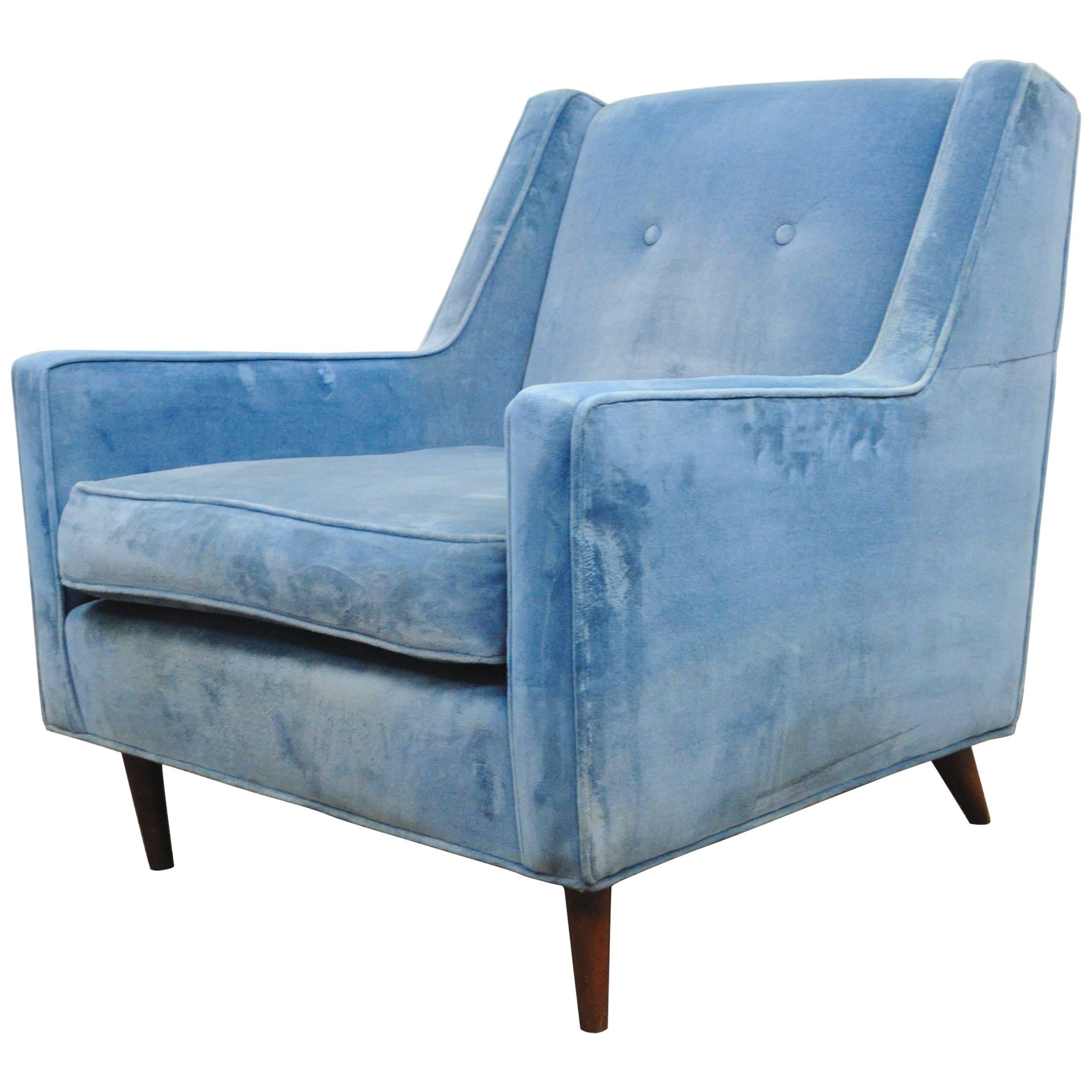 Vintage Mid Century Modern Walnut Frame Blue Club Lounge Chair after Paul McCobb