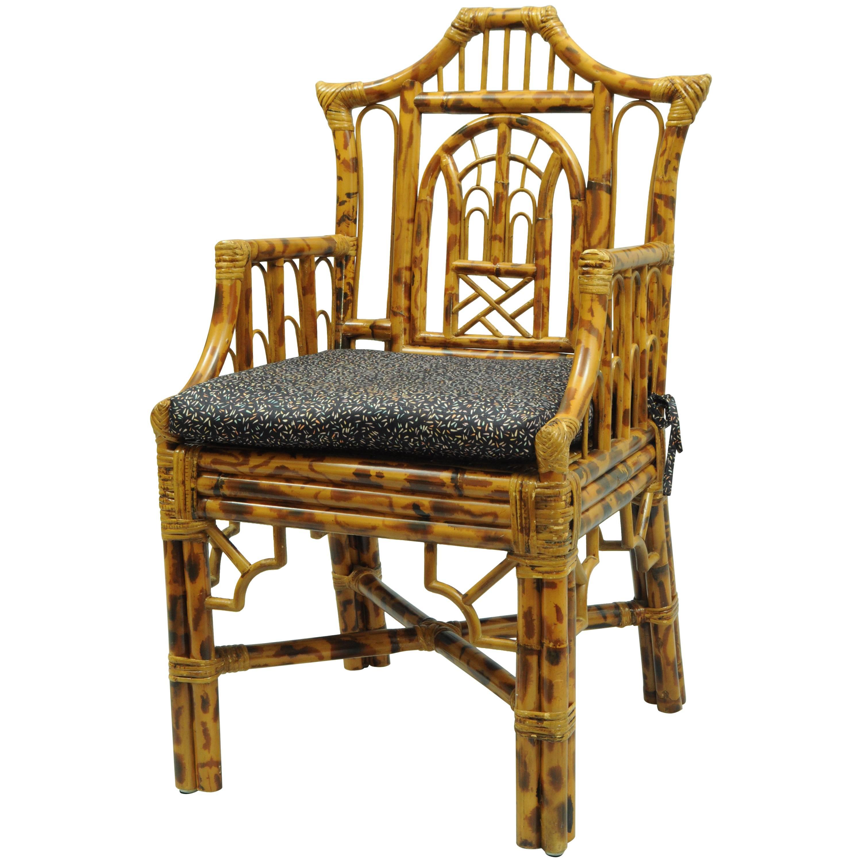 Hollywood Regency Chinese Chippendale Style Bamboo Rattan Armchair Chinoiserie