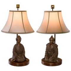 Antique Set of Two Brass Table Lamps with Traditional Japanese Couple