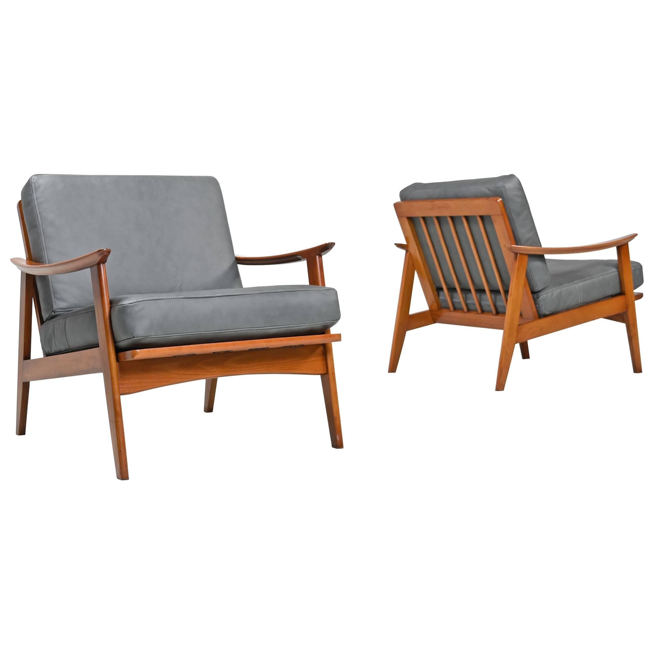 Gray Leather Danish Mid-Century Modern Ash Wood Lounge Chairs , 1960s