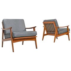 Gray Leather Danish Mid-Century Modern Ash Wood Lounge Chairs , 1960s