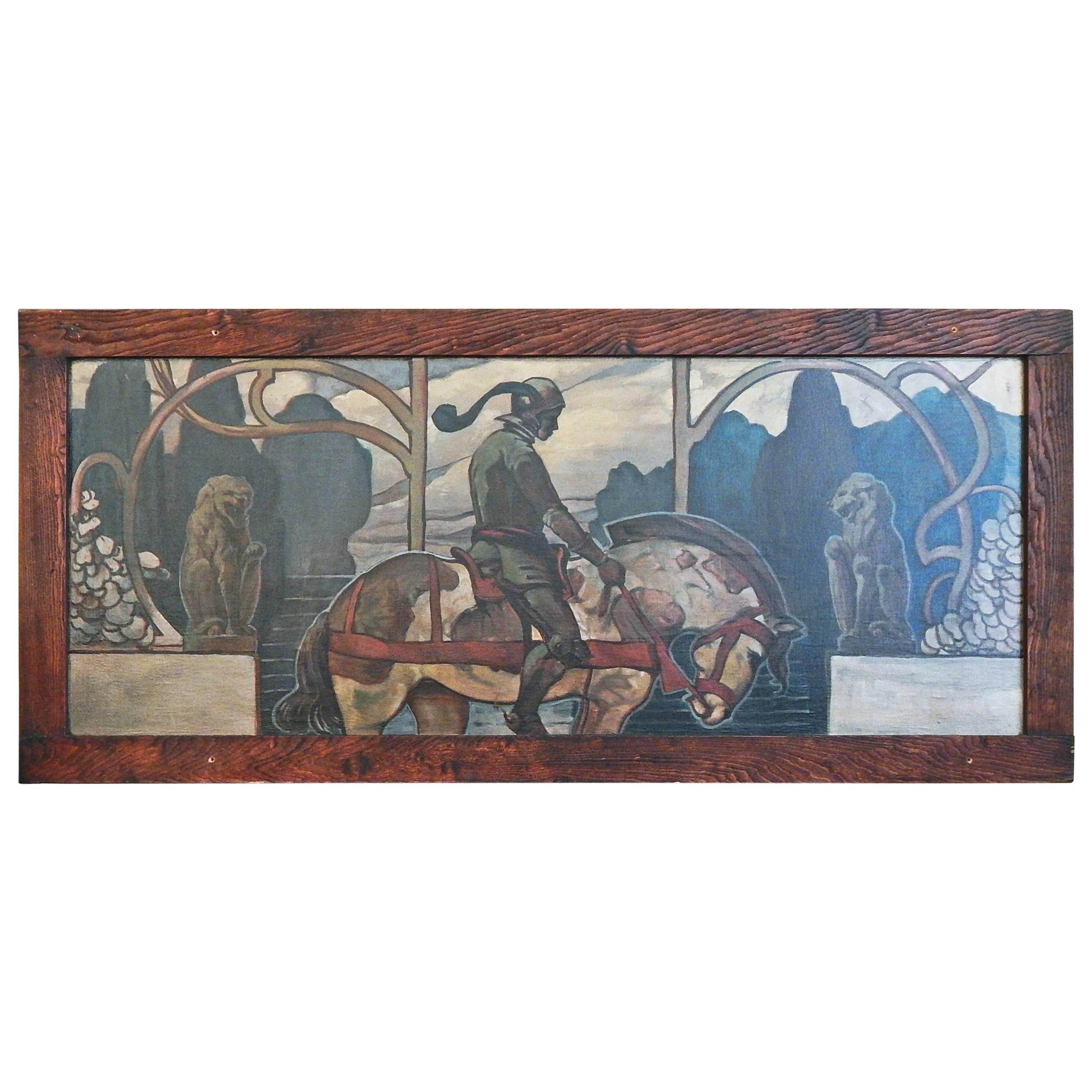 « Chevalier à cheval », peinture murale Arts & Crafts et Art Nouveau Revival médiéval en vente