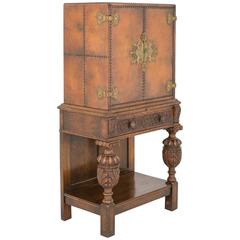 Antique Unusual Carved Oak and Leather Cabinet