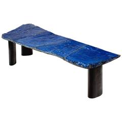 Blue Glazed Stoneware Top and Burn Wood Coffee Table, Unique Piece