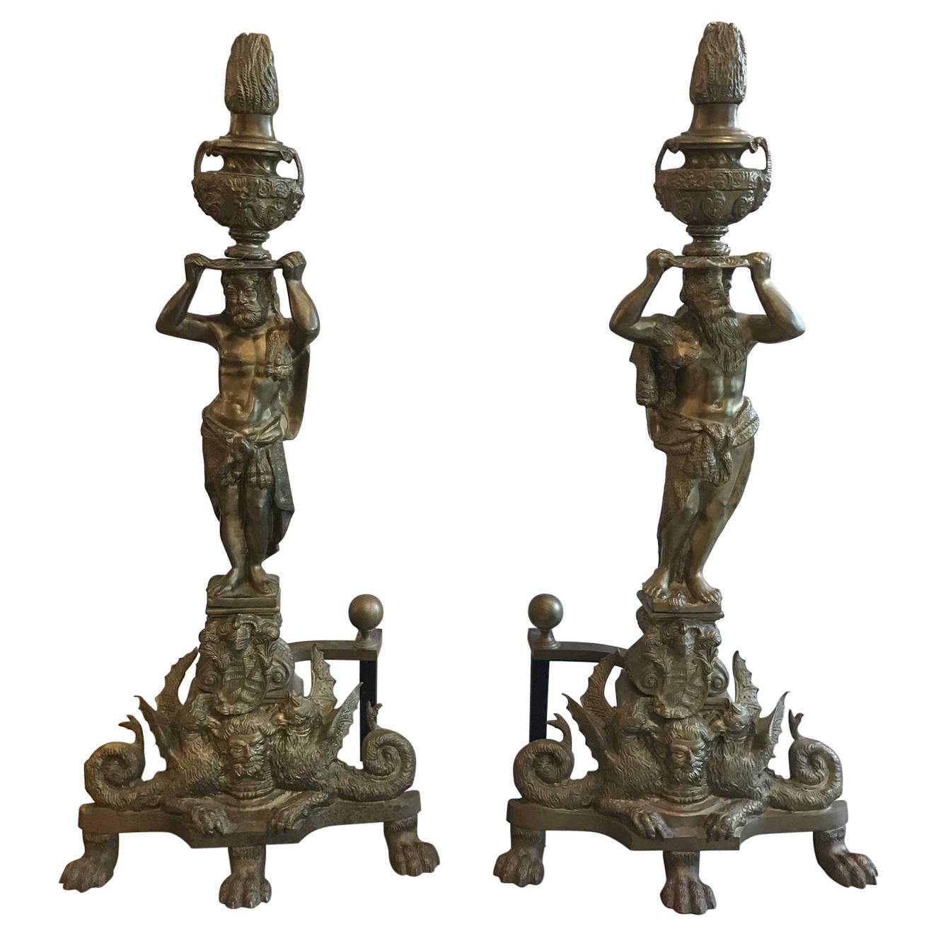 Massive Pair of Cast Brass Chenet Andirons Mythological