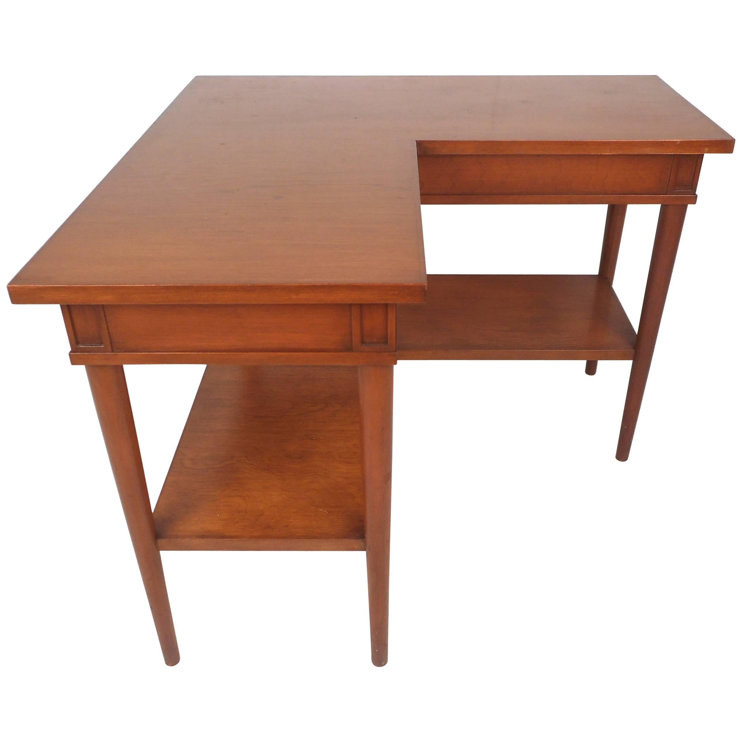 Unusual Mid-Century Modern Walnut Two-Tier Corner Table