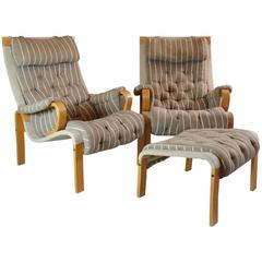 Pair of 1960s Swedish Lounge Chairs with Foot Stool in the Style of Knud Faerch