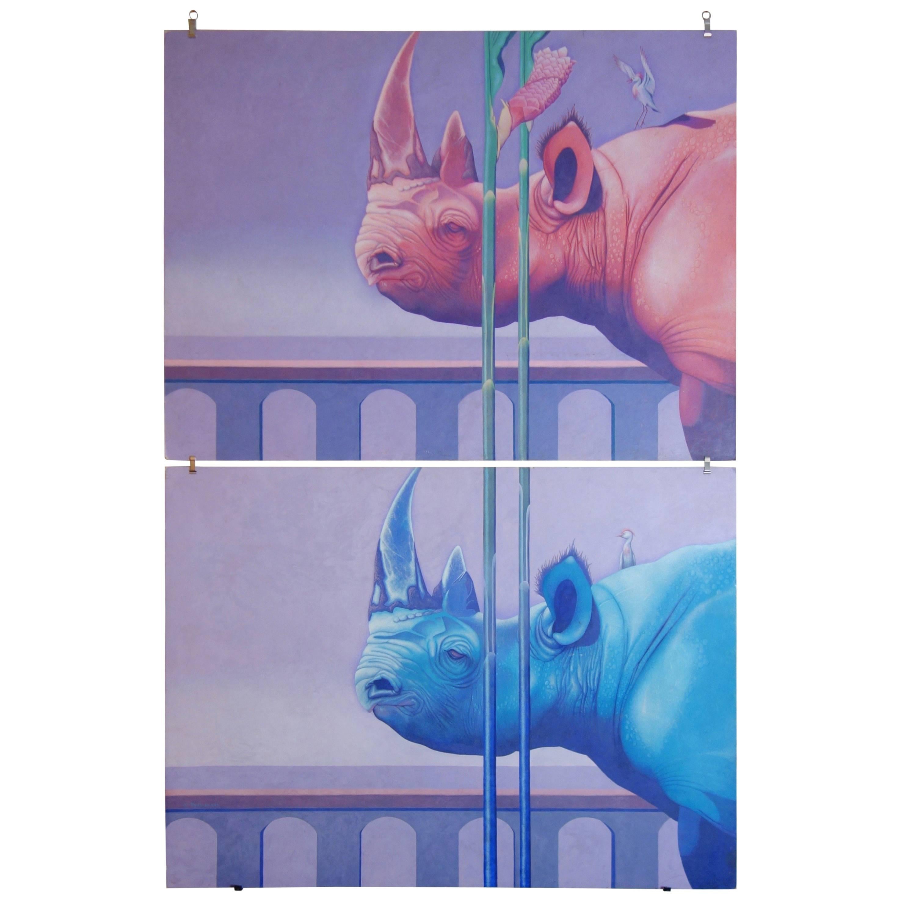 Pair of Rhinoceros Paintings by Paul Huber For Sale