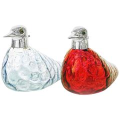 Pair of Asprey Sterling and Glass Bird Decanters