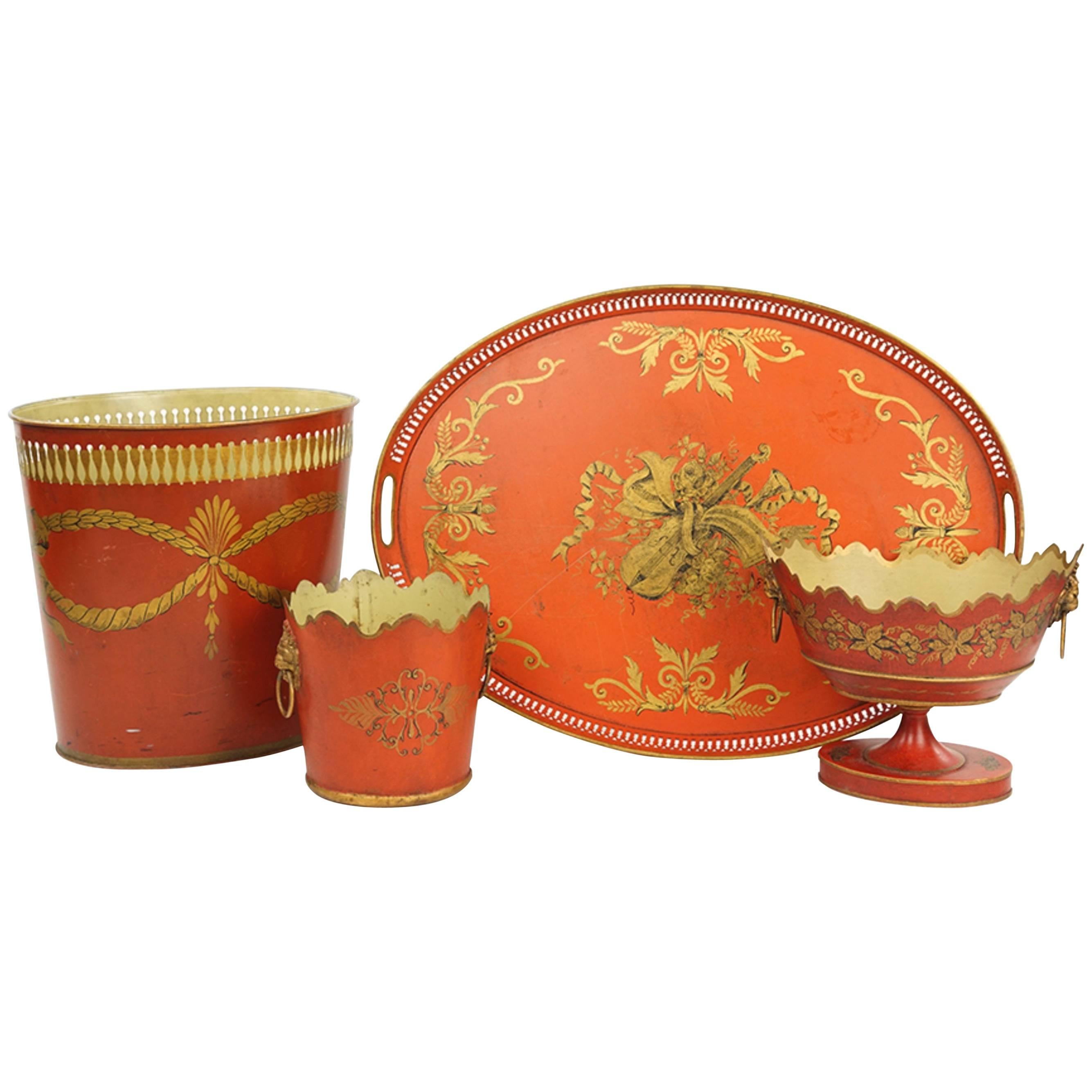 Collection of English Tole Items Including Waist Paper, Large Tray, Two Planters For Sale