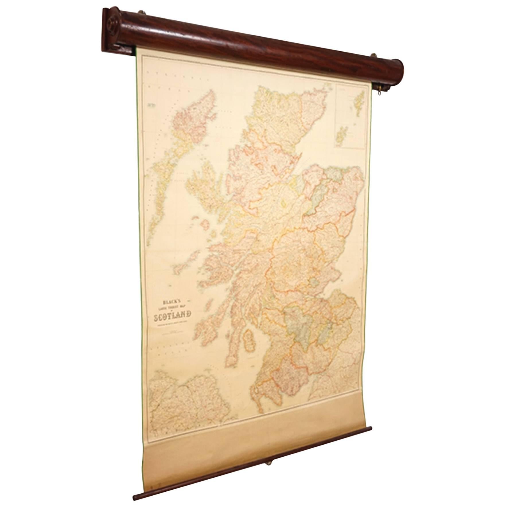 Blacks Large Tourist Map of Scotland in Retractable Mahogany Case For Sale