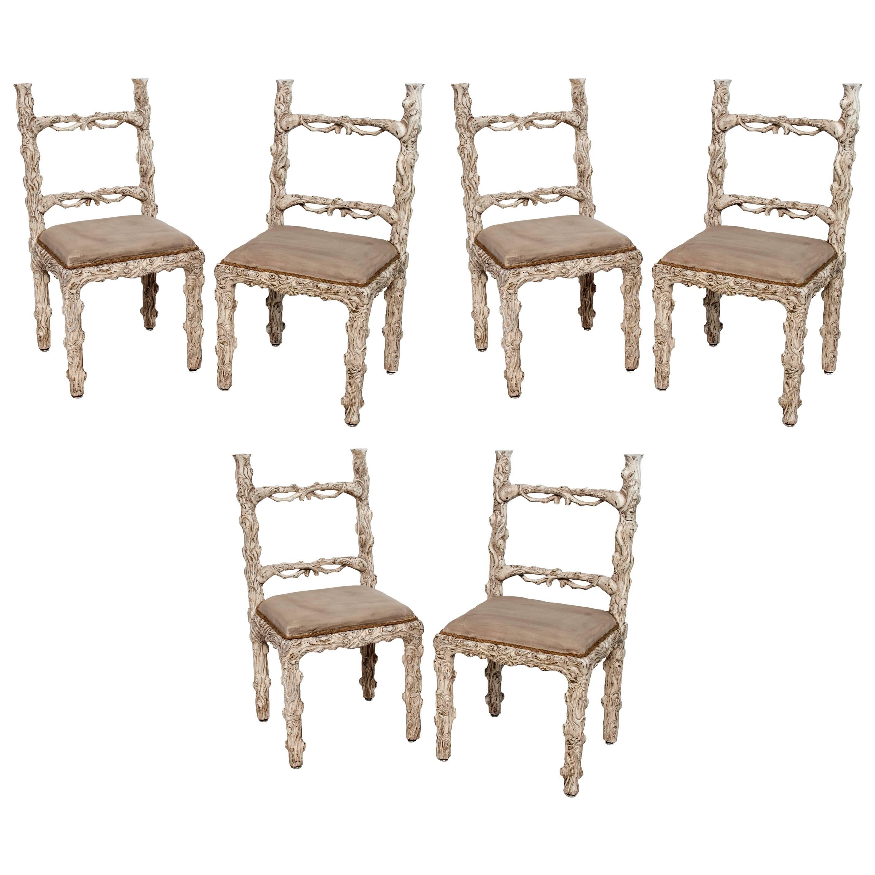 Set of Six Carved White Painted Wooden Chairs with a Faux Tree Trunk Design