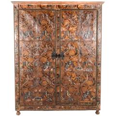 Vintage Impressive 20th Century Two-Door Armoire of Pine and Tooled-and-painted Leather