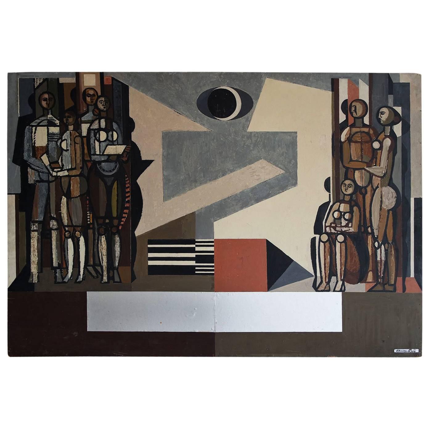 Mid-Century Modern Oil Painting on Wood by Hungarian Artist Bencze Laszlo For Sale