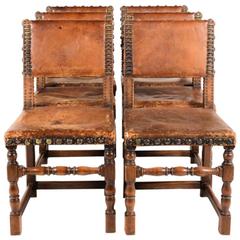 Set of Six French Oak Chairs in Leather