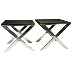 Extraordinary Pair of Chromed Metal X-Base Italian Tables with Slate Top