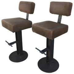 Pair of Brown Leather and Steel Industrial Bar Stools 11