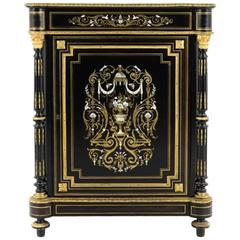 Antique Inlaid Ebonized French Ormolu-Mount Marble-Top Cabinet, circa 1870