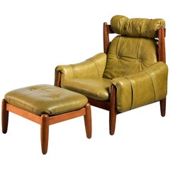 Oak Lounge Chair and Ottoman with Green Leather Cushions, Brazilian