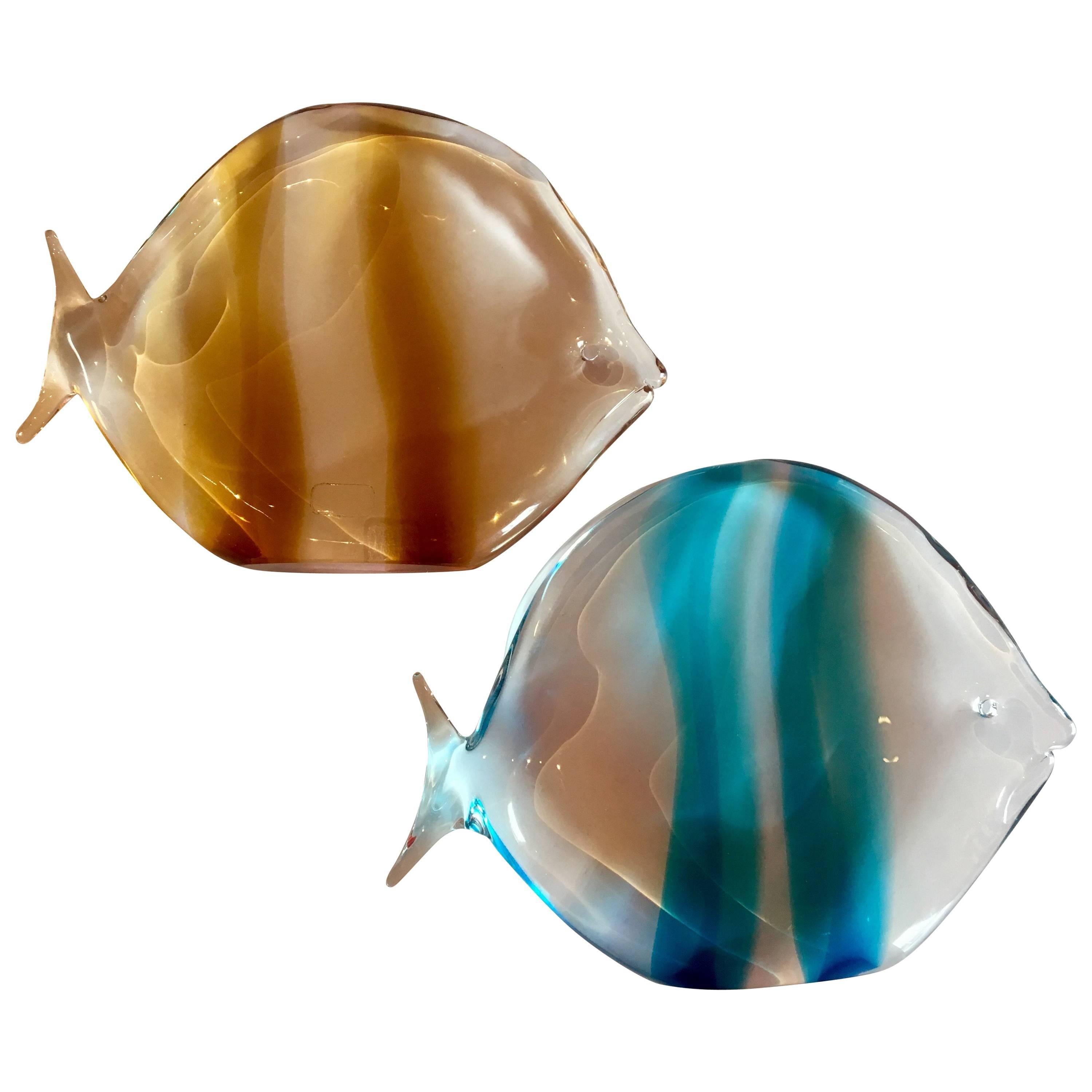 1970s Pair of Murano Italian Glass Fish Sculptures Signed by Oggetti