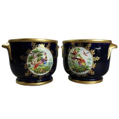 Pair of Fine Antique English Hand-Painted Chelsea School Porcelain Cache Pots