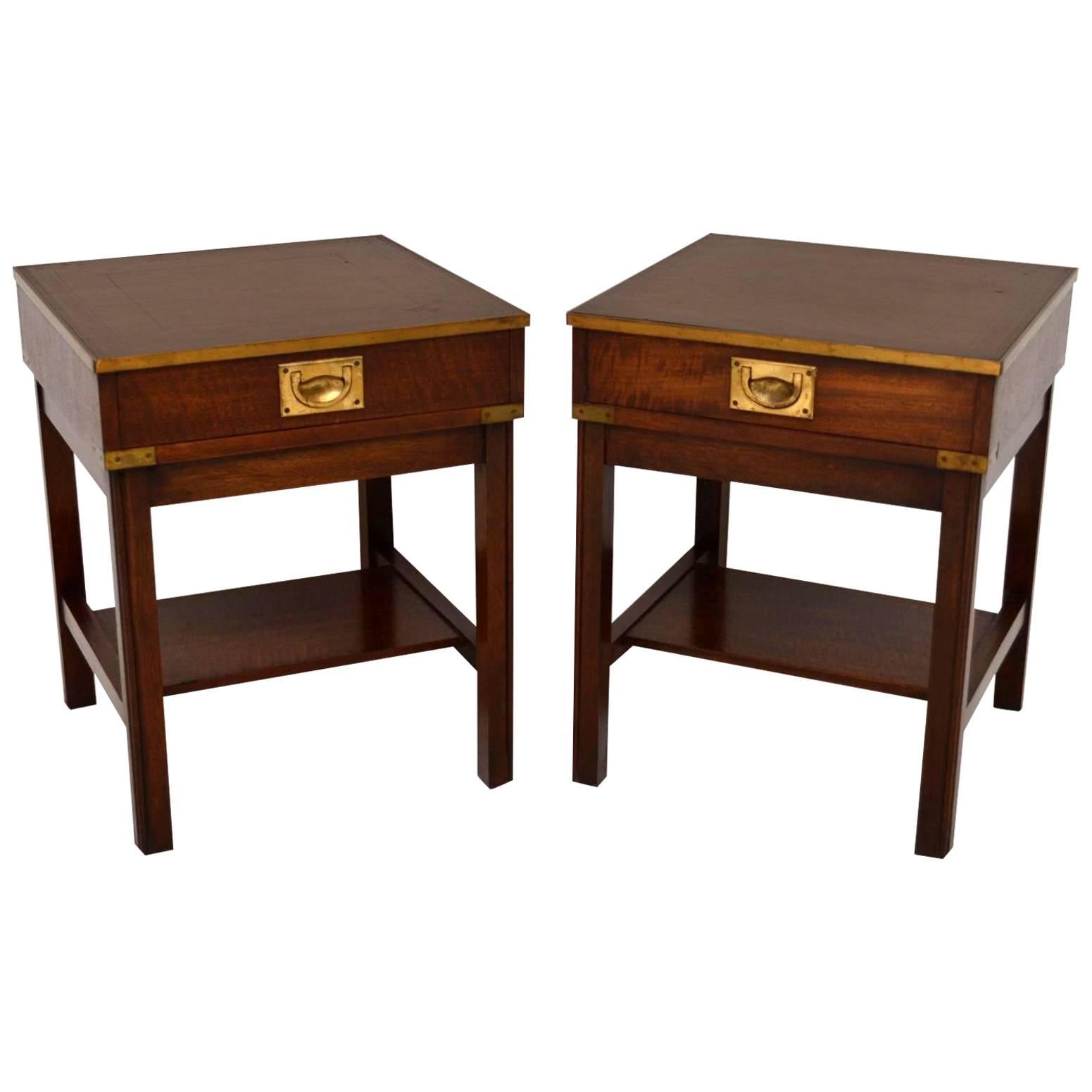 Pair of Antique Campaign Style Mahogany Side Tables