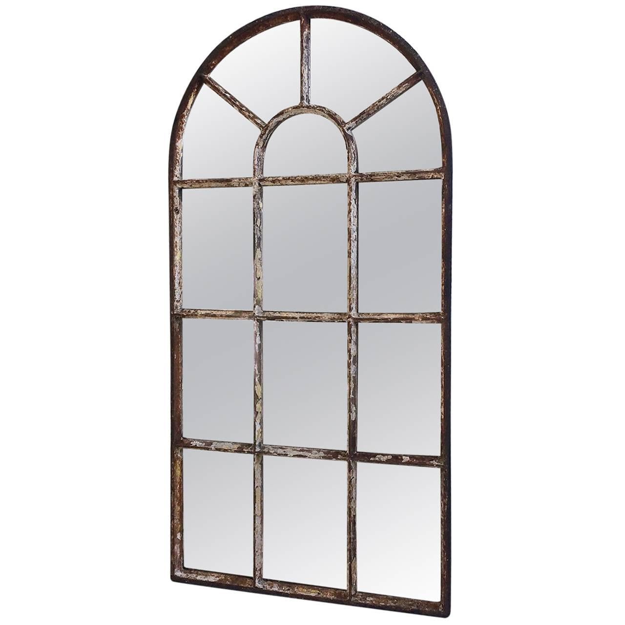 Antique Victorian Industrial Arched Top Cast Iron Window Mirror For Sale