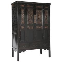 Antique Chinoiserie Zhejiang Lacquer Cabinet, Gilt Carved & Lattice/Fret Panels