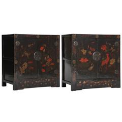 Antique Chinoiserie Pr Painted Lacquer Cabinets /Chests Seasons Floral Paintings 4