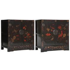 Antique Chinoiserie Pr Painted Lacquer Cabinets /Chests Seasons Floral Paintings