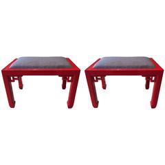 Fabulous Pair of Red Lacquer James Mont Style Ottomans