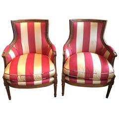 Pair of Elegant Carved Wood Louis XVI Style Bergères Chairs