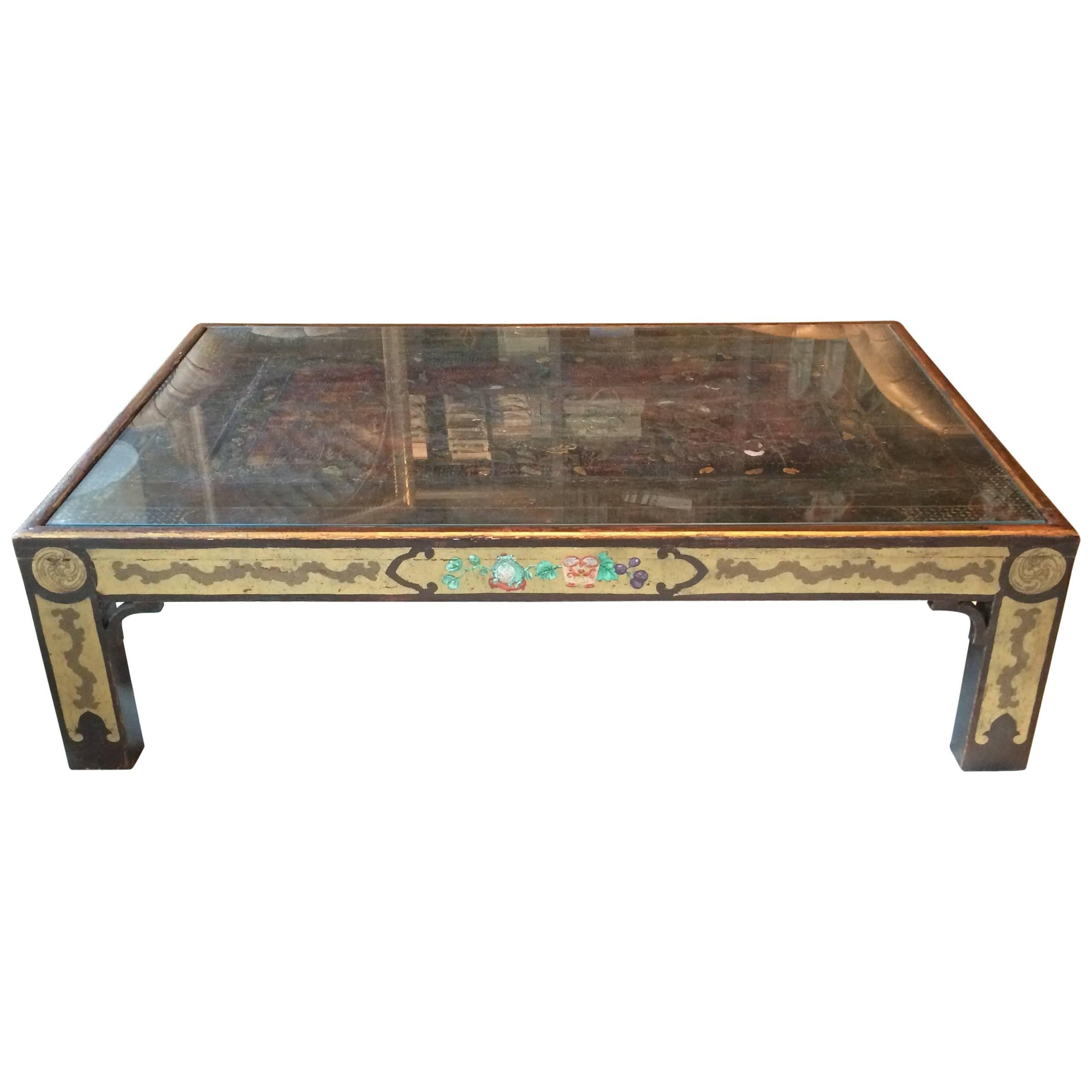 Impressive Polychrome Decorated Chinoiserie Style Monumental Coffee Table