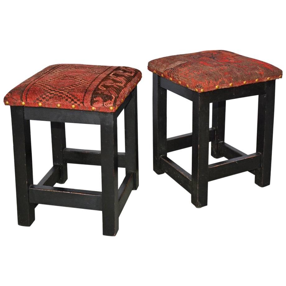 Pair of Contemporary Kilim Covered Stools For Sale