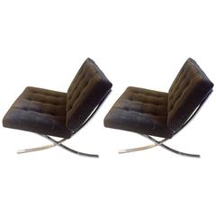 Pair of Iconic Barcelona Style Chairs in Rich Brown Mohair