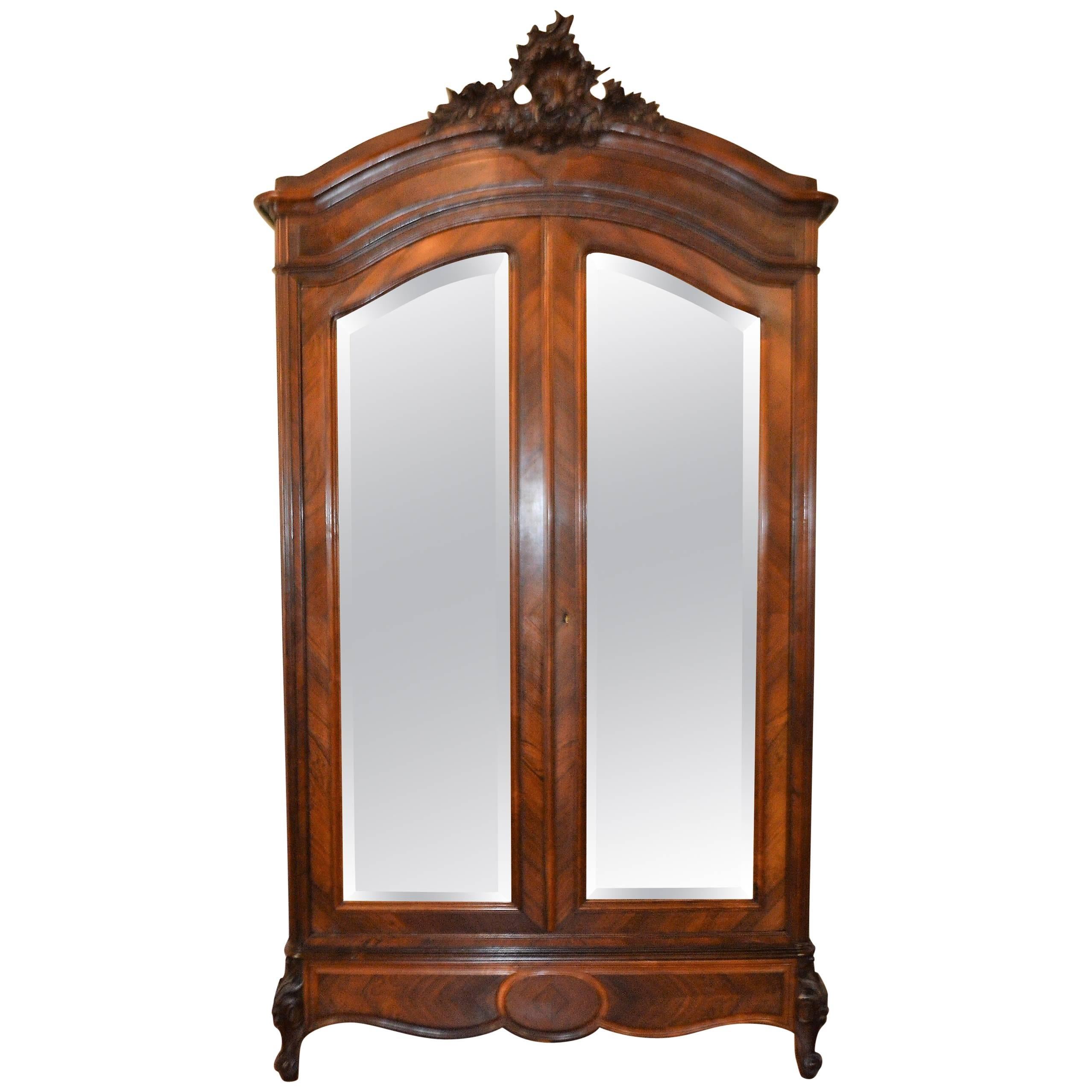 Louis XV Style Rosewood Inlay Armoire with Mirrored Doors