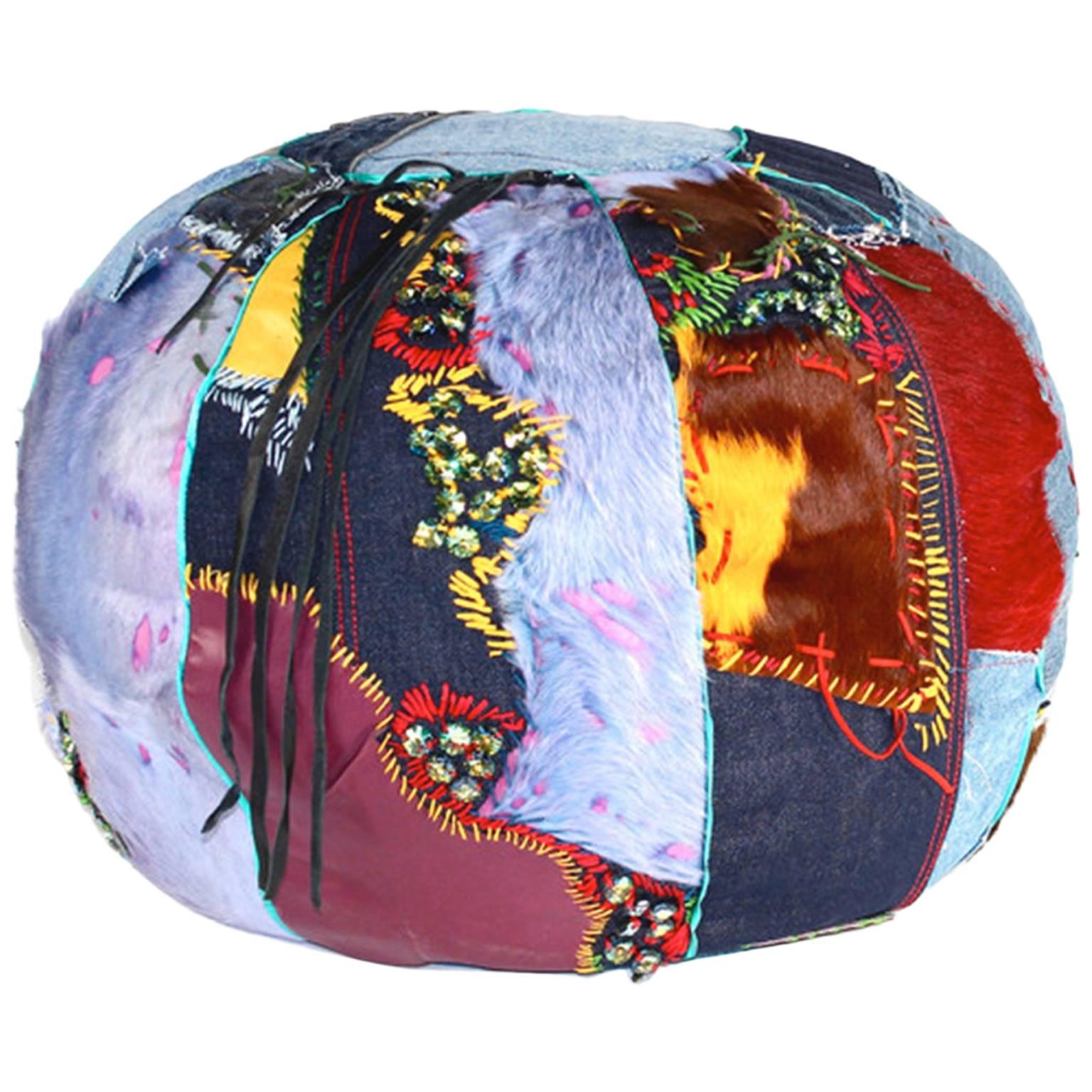 Unique Handmade Bohemian Rock and Roll Style Vintage Denim Pouffe/Floor Cushion For Sale