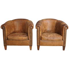 Pair of Vintage Cognac Leather Club Chairs