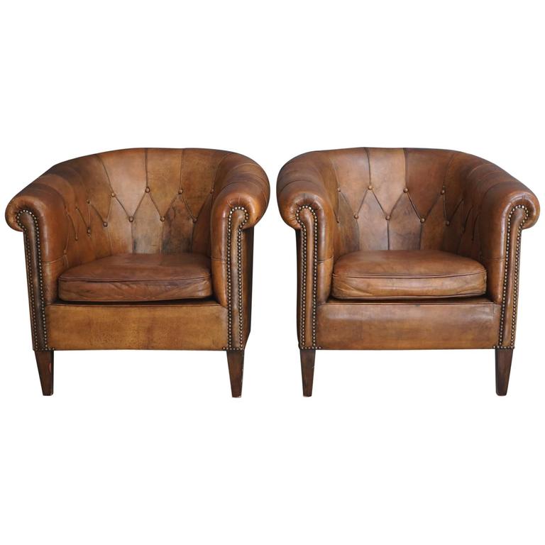Pair of Vintage Cognac Leather Club Chairs at 1stdibs