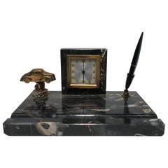 French Art Deco Black Marble Clock and Pen Desk Set