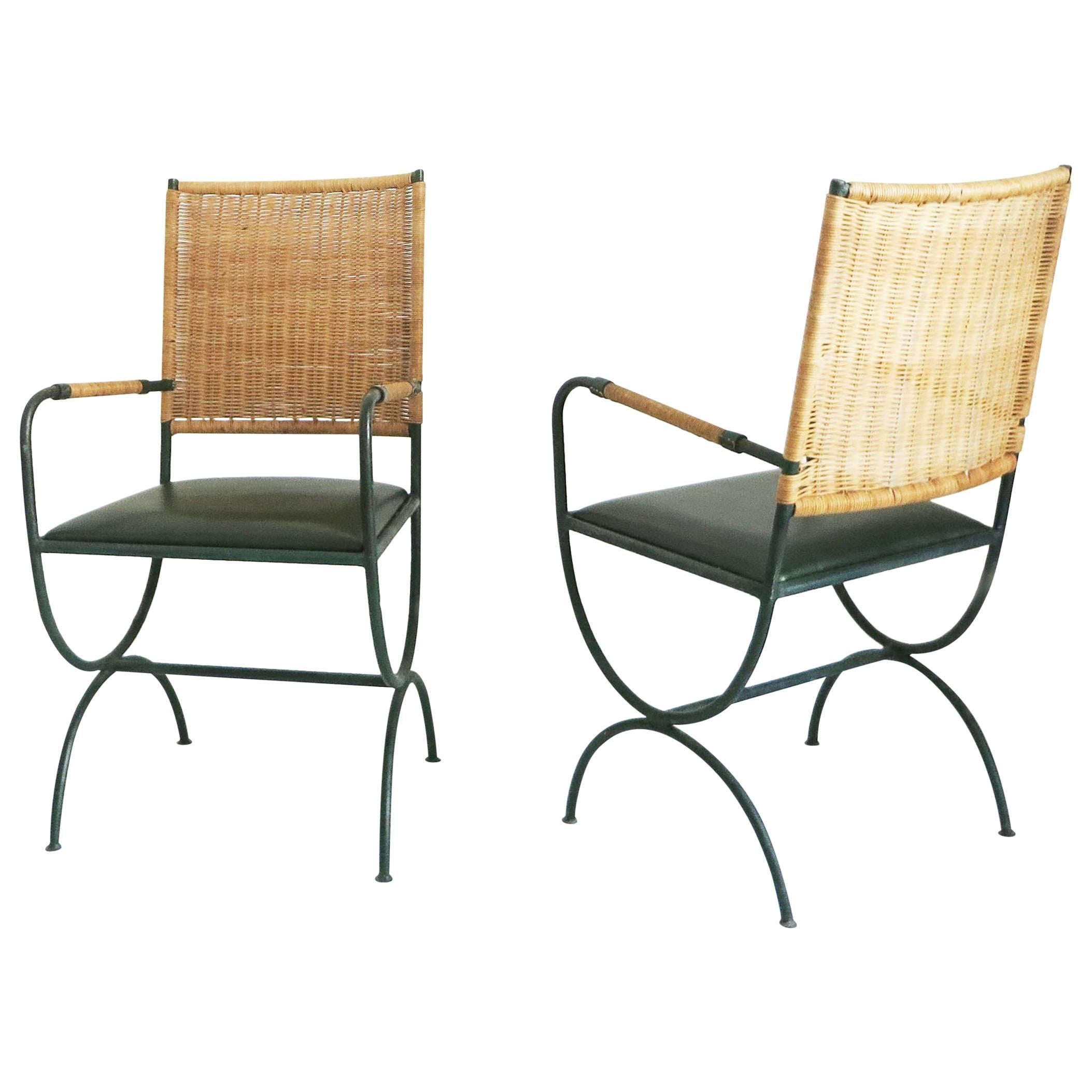 Pair of Jacques Adnet Chairs, Wicker, Leather and Iron, 1950s
