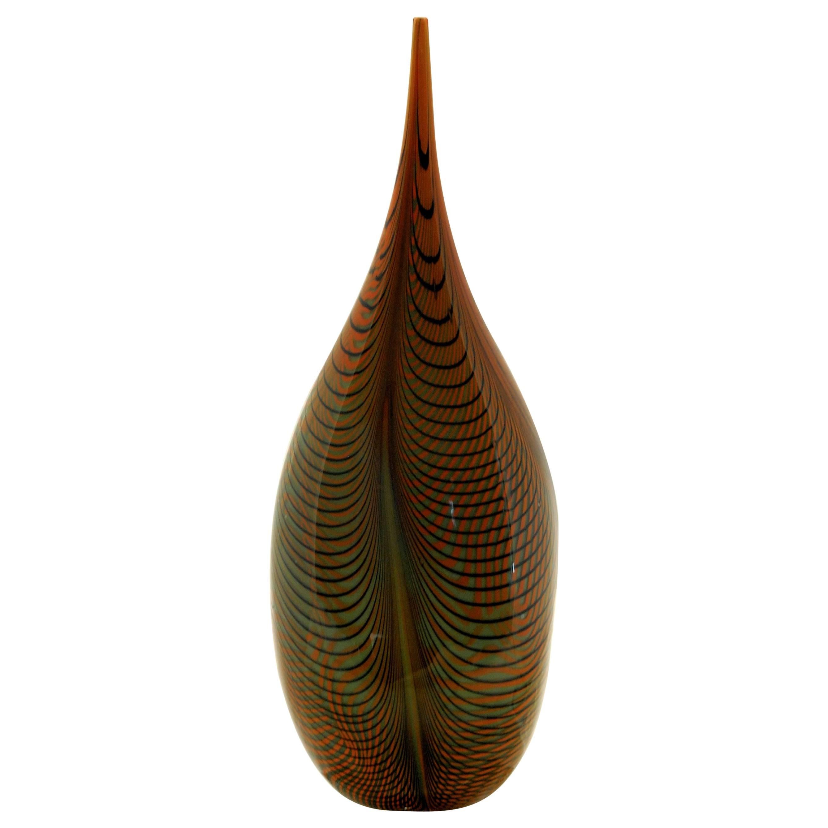 Alberto Donà, Tall Feather Vase, Black Green Filigree over Terracotta Background For Sale