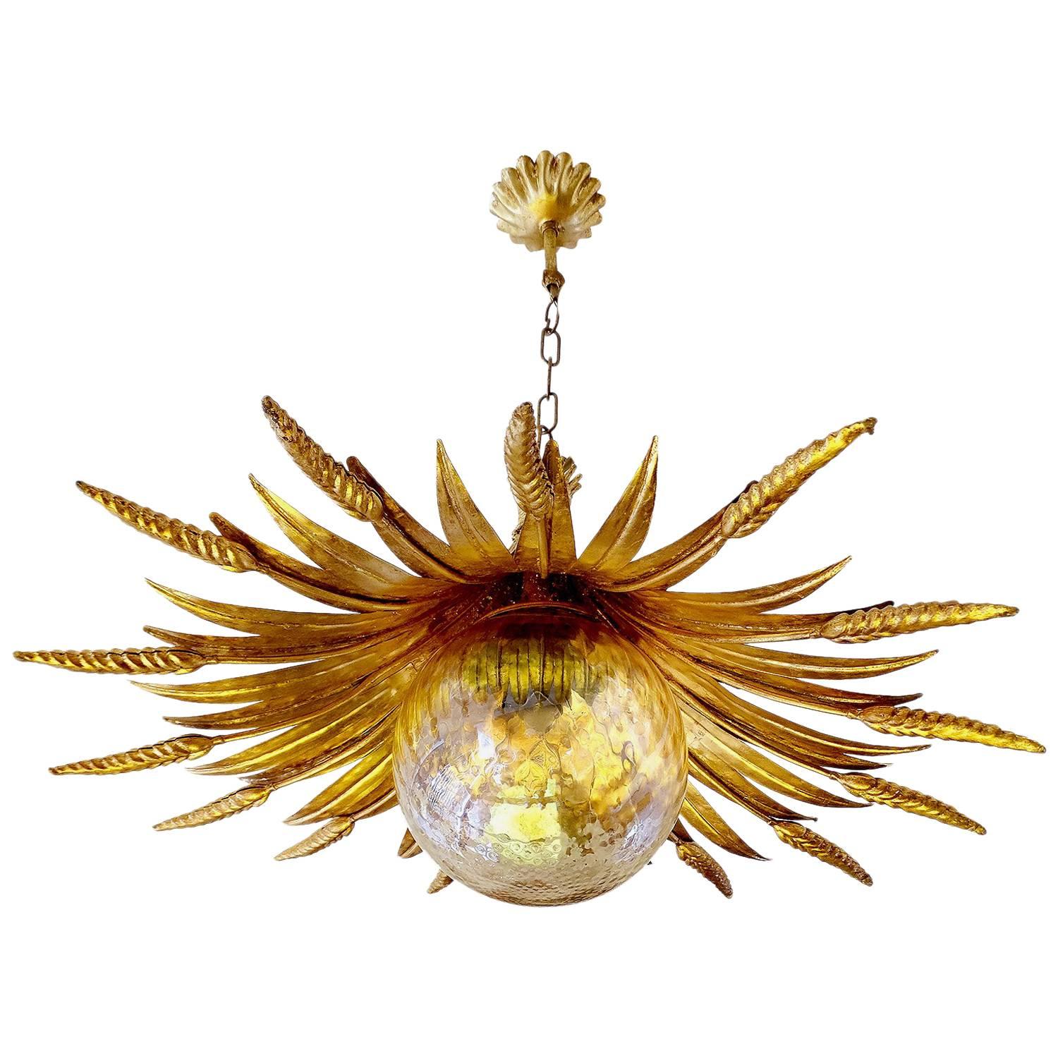 Large Wheat Sheaf Sunburst Design Chandelier, 1960s Modernist Pendant Lamp