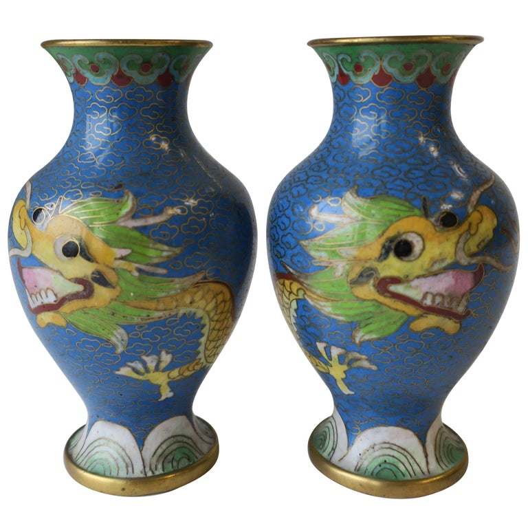 Chinese Blue Dragon Cloisonné and Brass Vases, a Pair For Sale 12