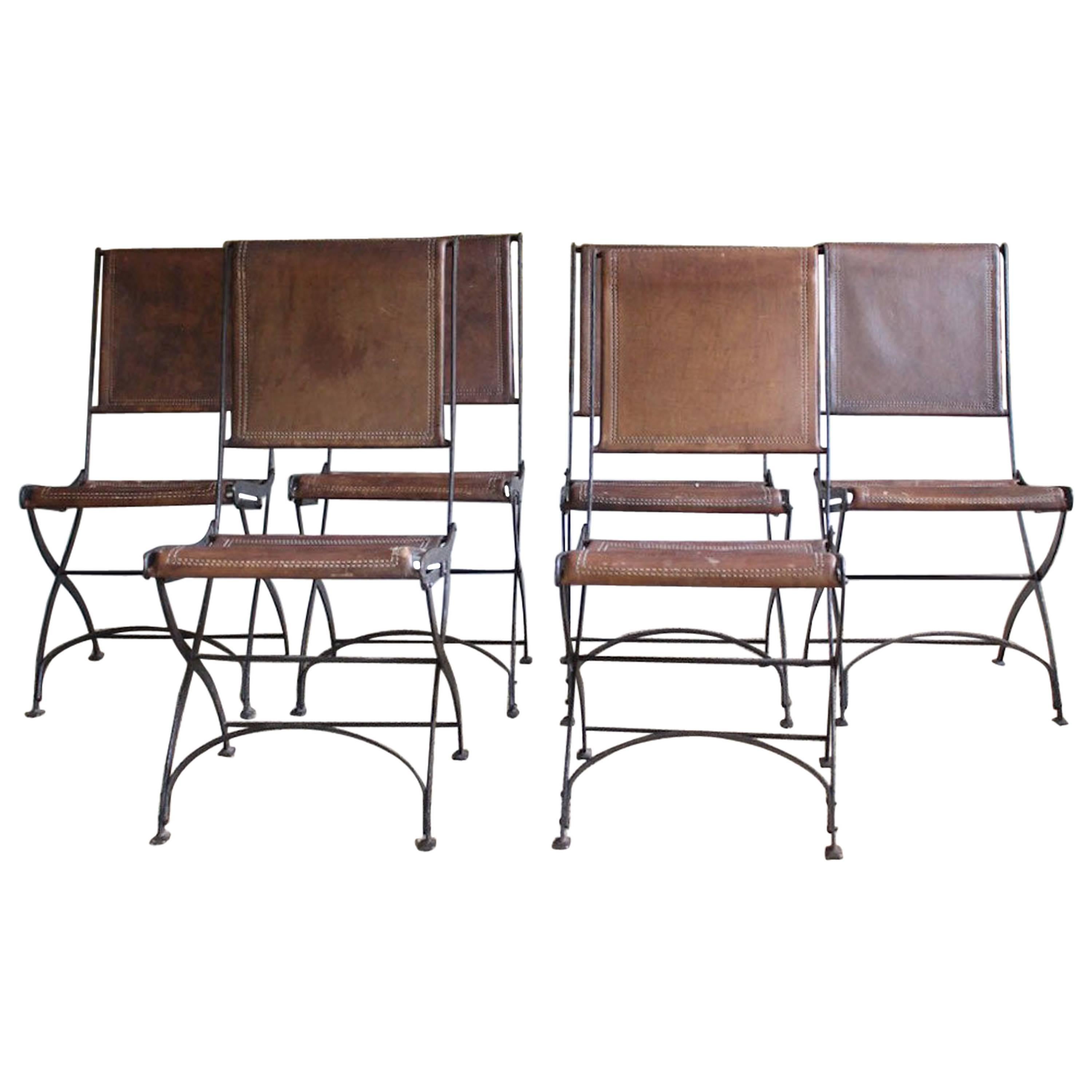 Set of Six Italian Mid-20th Century Leather and Iron Folding Chairs