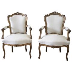 19th Century Pair of French Louis XV Style Giltwood and Upholstered Armchairs