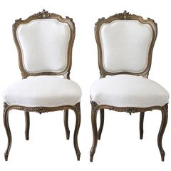 19th Century Pair of French Louis XV Style Giltwood and Upholstered Side Chairs